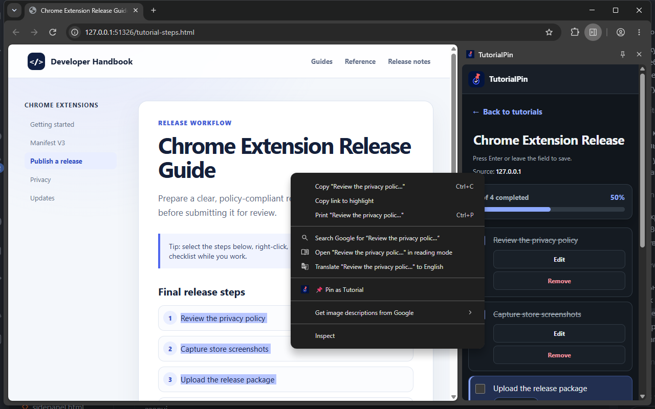 TutorialPin running beside a Chrome tutorial as a step-by-step checklist