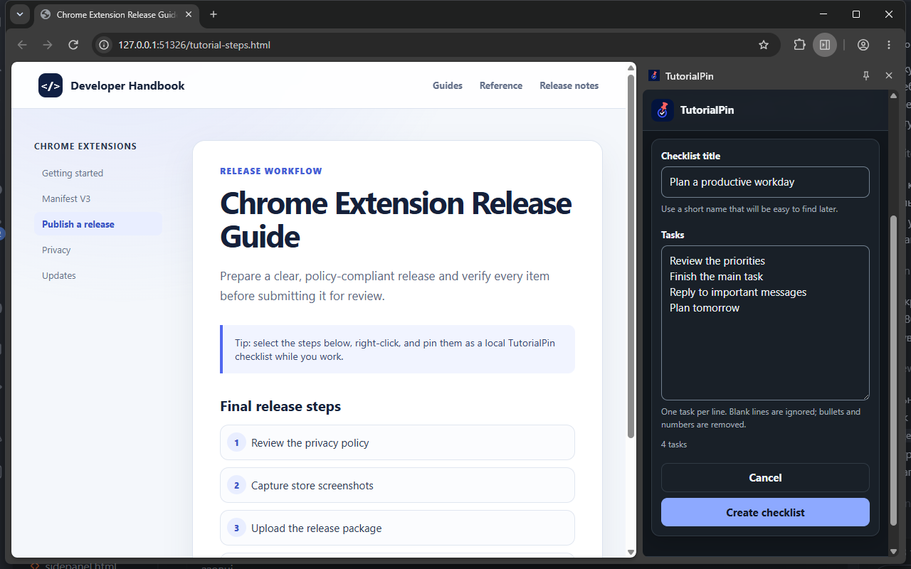 Creating a new checklist in TutorialPin
