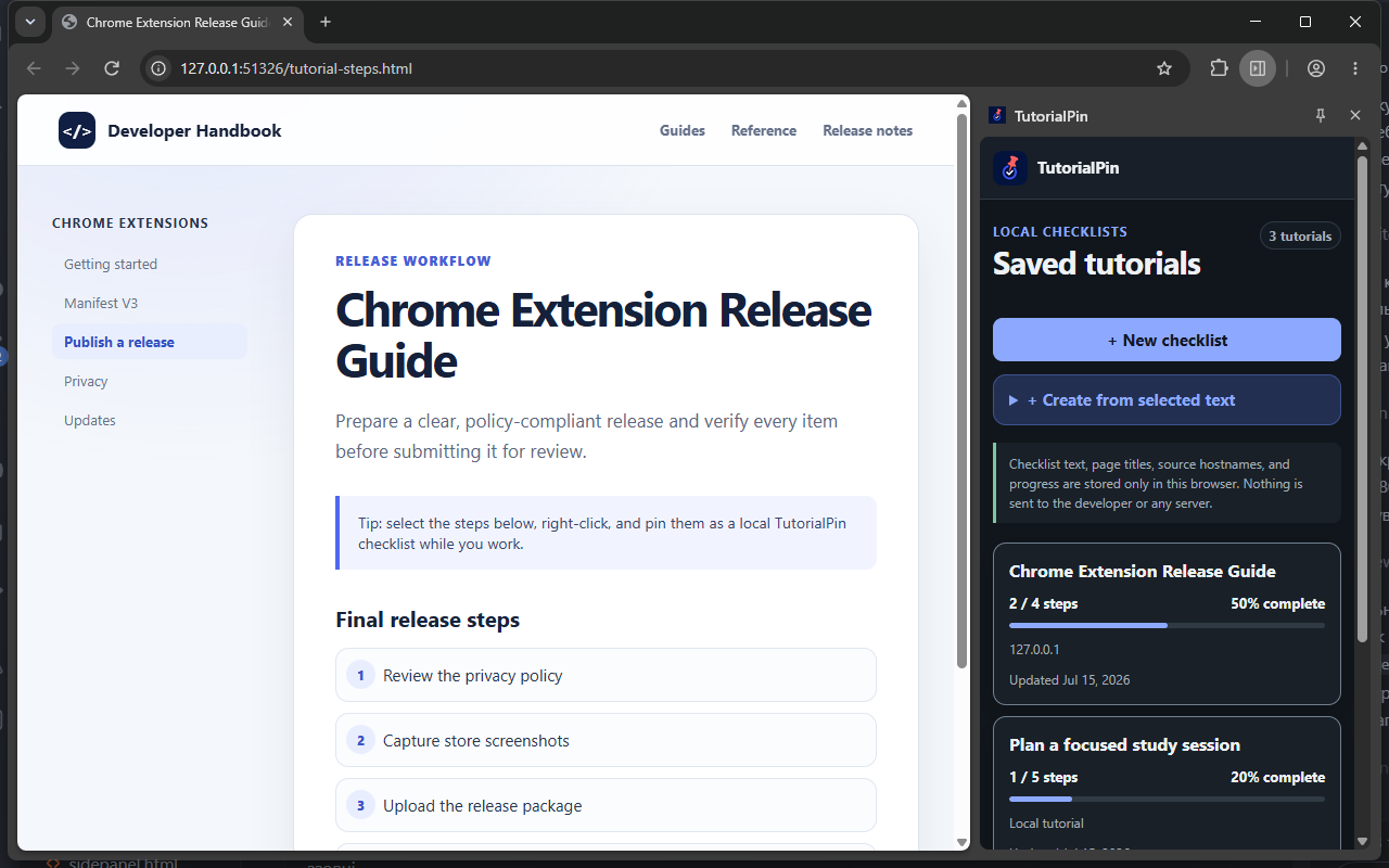Saved TutorialPin checklists stored locally in the browser